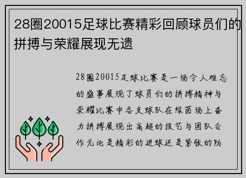 28圈20015足球比赛精彩回顾球员们的拼搏与荣耀展现无遗