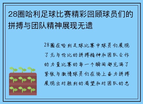 28圈哈利足球比赛精彩回顾球员们的拼搏与团队精神展现无遗